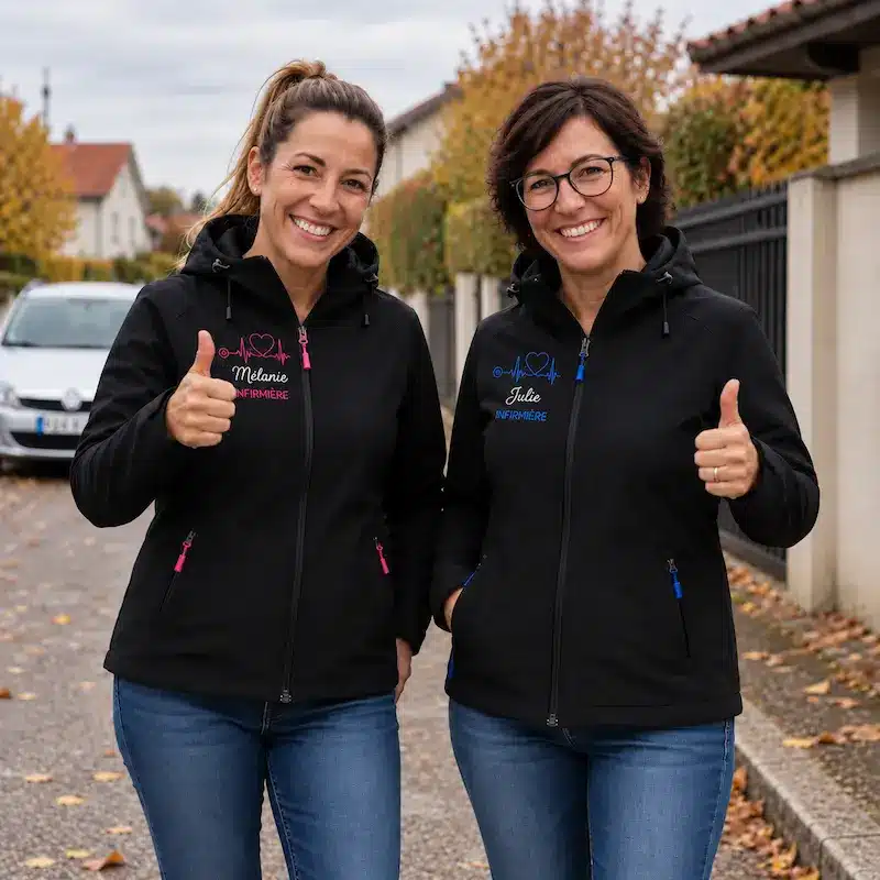 Mélanie et Julie portant leurs vestes infirmières personnalisées noires avec broderies rose et bleue Curalini