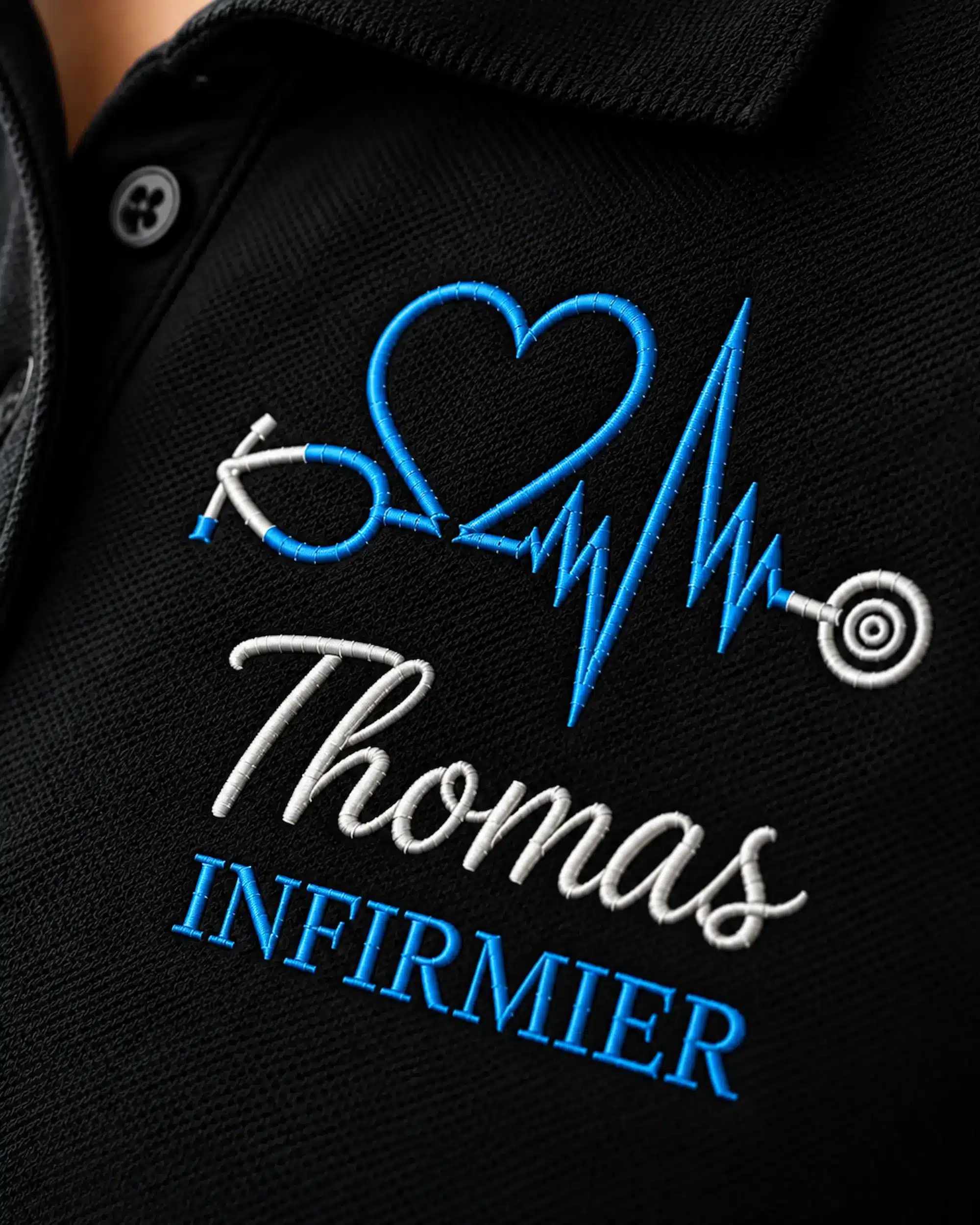 Détail de la broderie Thomas Infirmier bleue et blanche sur un polo homme noir Curalini