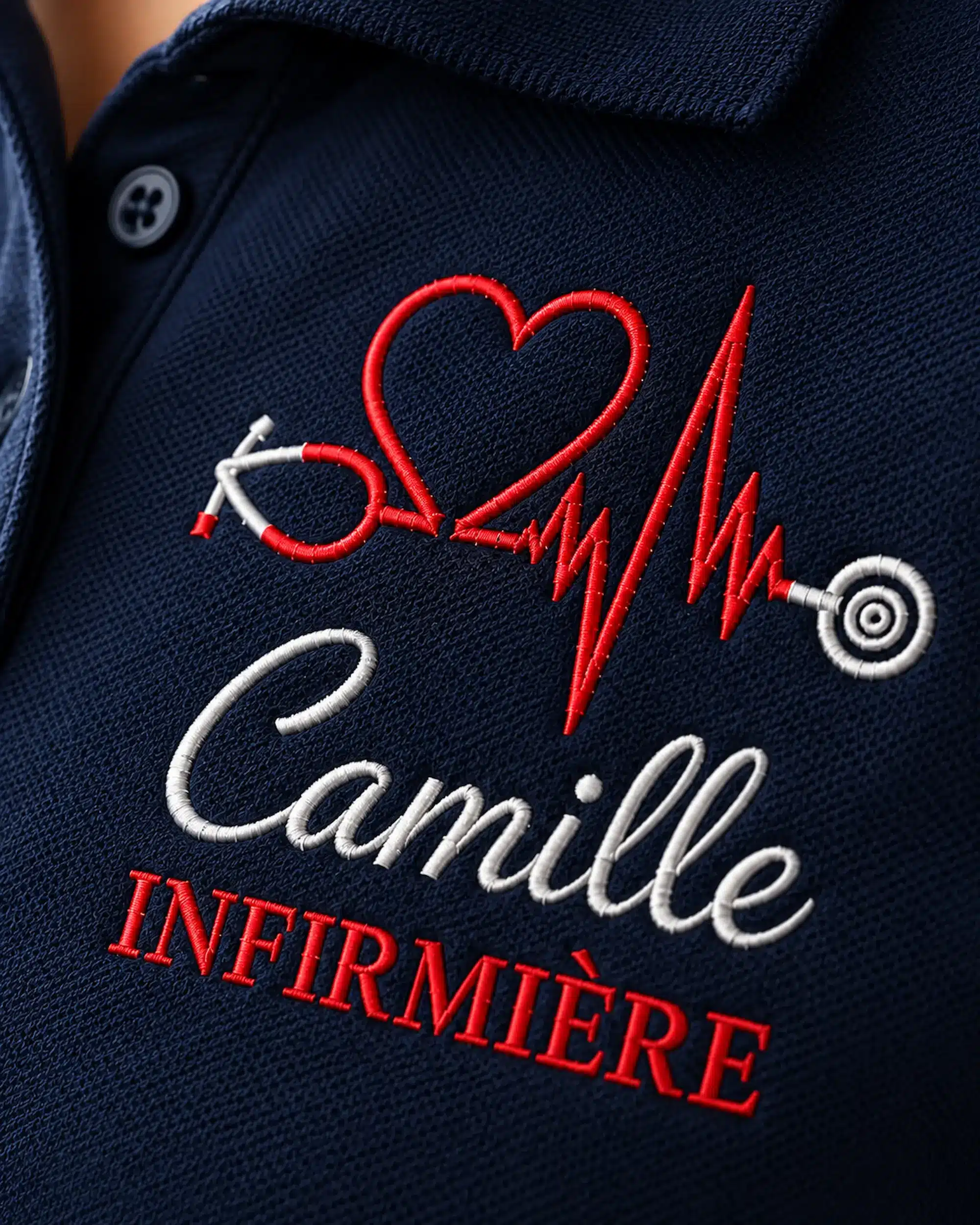 Détail de la broderie prénom Camille et fonction infirmière sur un polo marine personnalisé Curalini