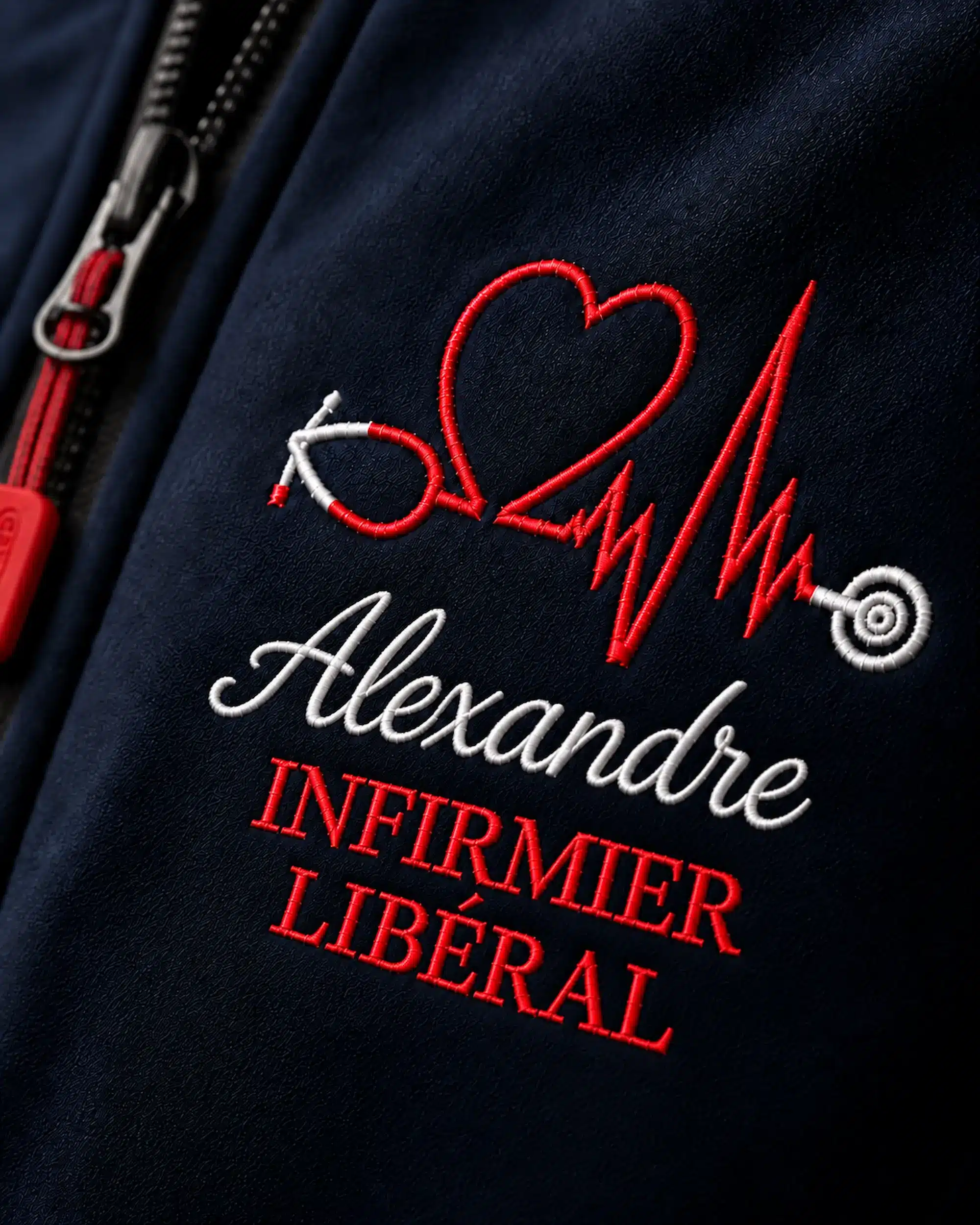 Broderie personnalisée Alexandre infirmier libéral sur veste hiver marine