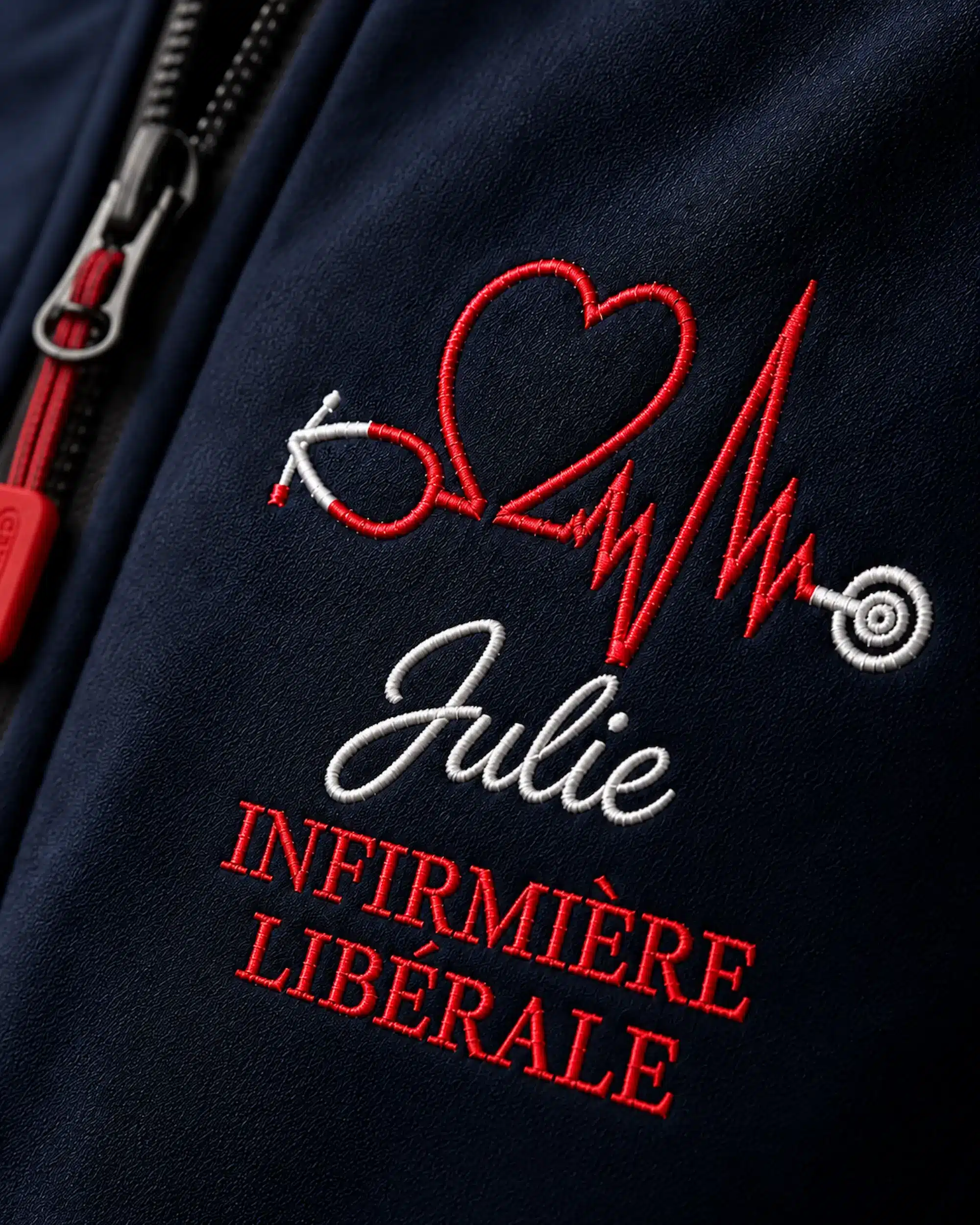 Broderie personnalisée Julie infirmière libérale sur veste infirmière hiver