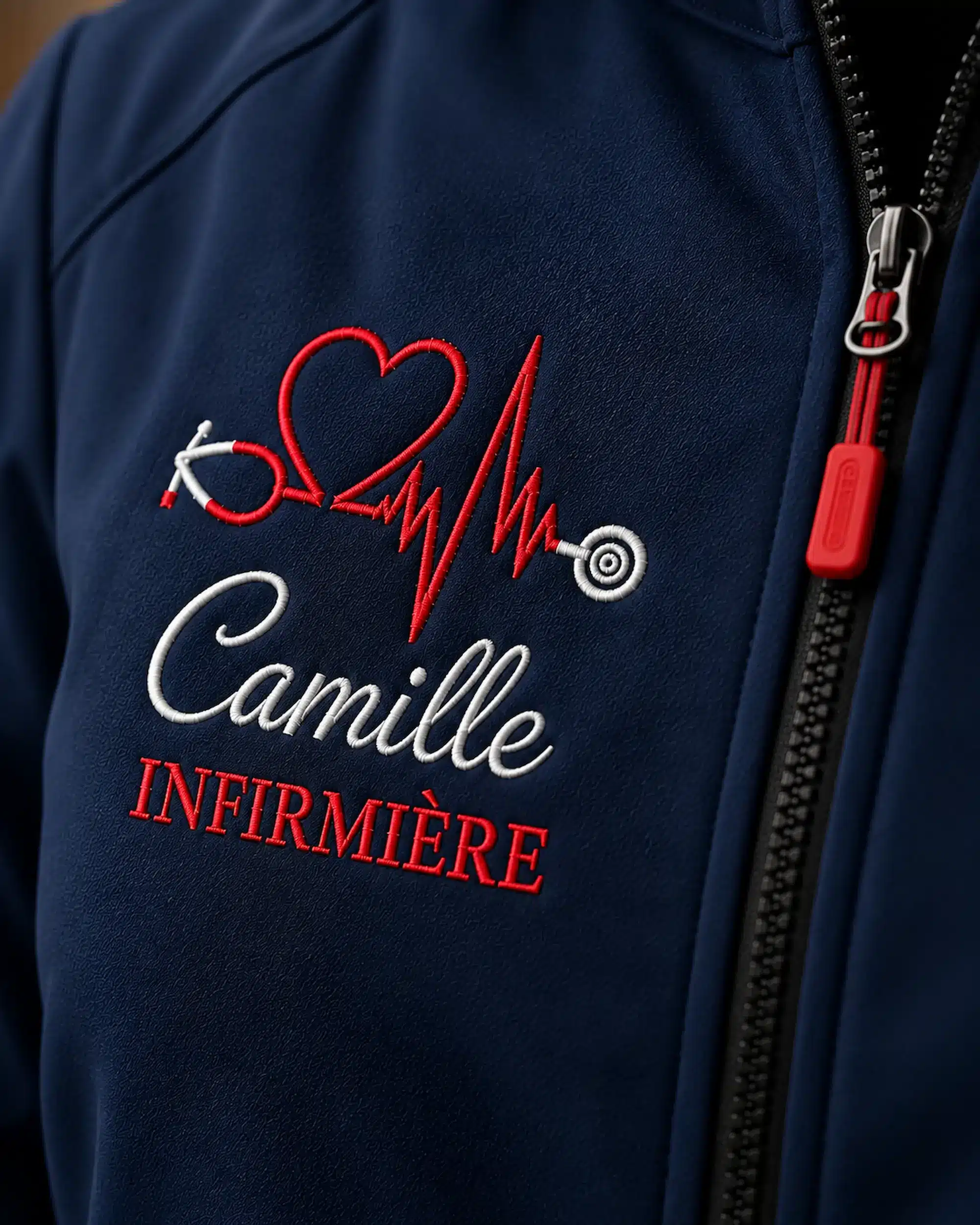 Détail de la broderie sur une veste infirmière personnalisée marine