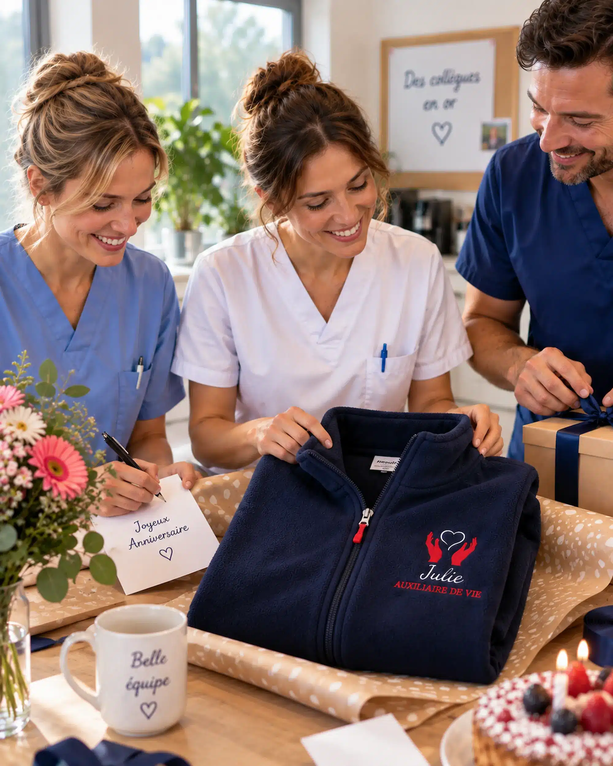 Infirmière avec sa polaire personnalisée offerte par ses collègues pour son anniversaire