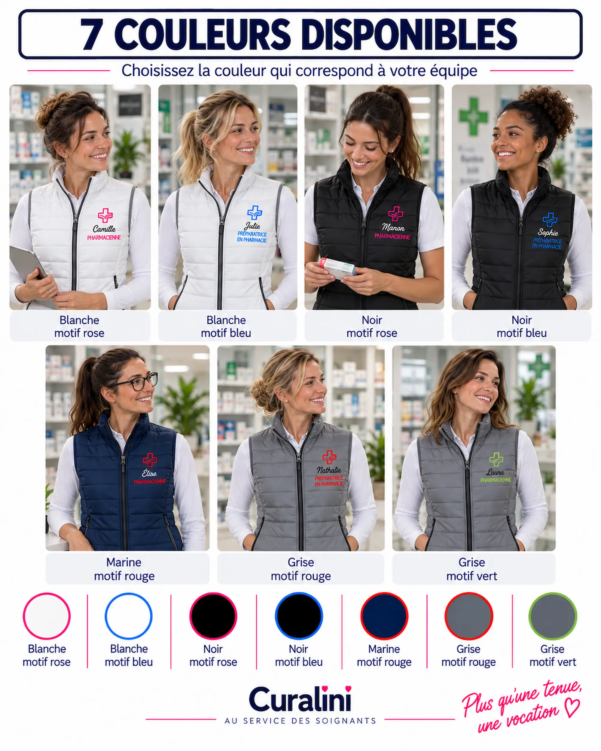 7 couleurs de doudoune femme personnalisée pour pharmaciennes et préparatrices en pharmacie