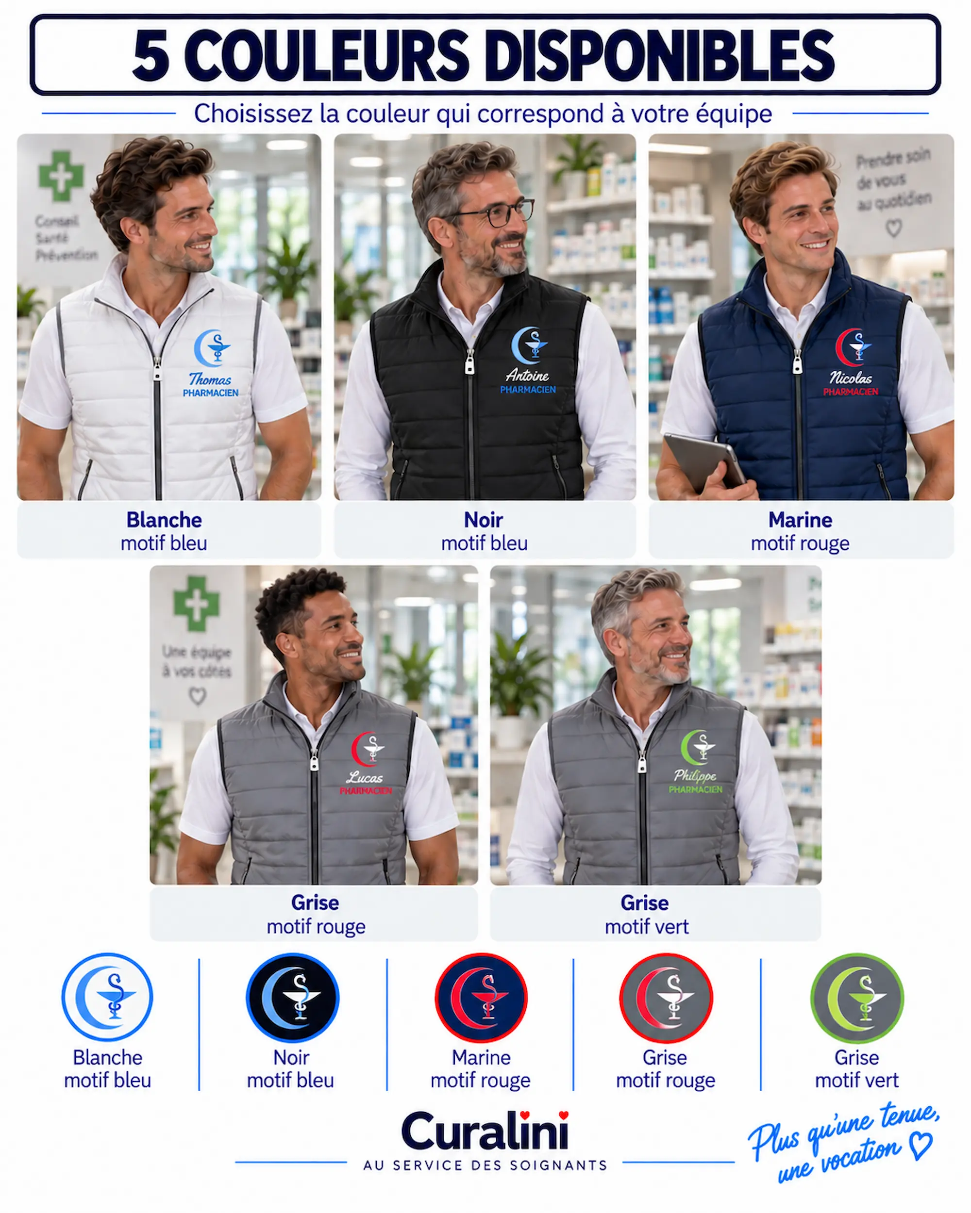 5 couleurs de doudoune homme personnalisée Curalini pour professionnels de santé