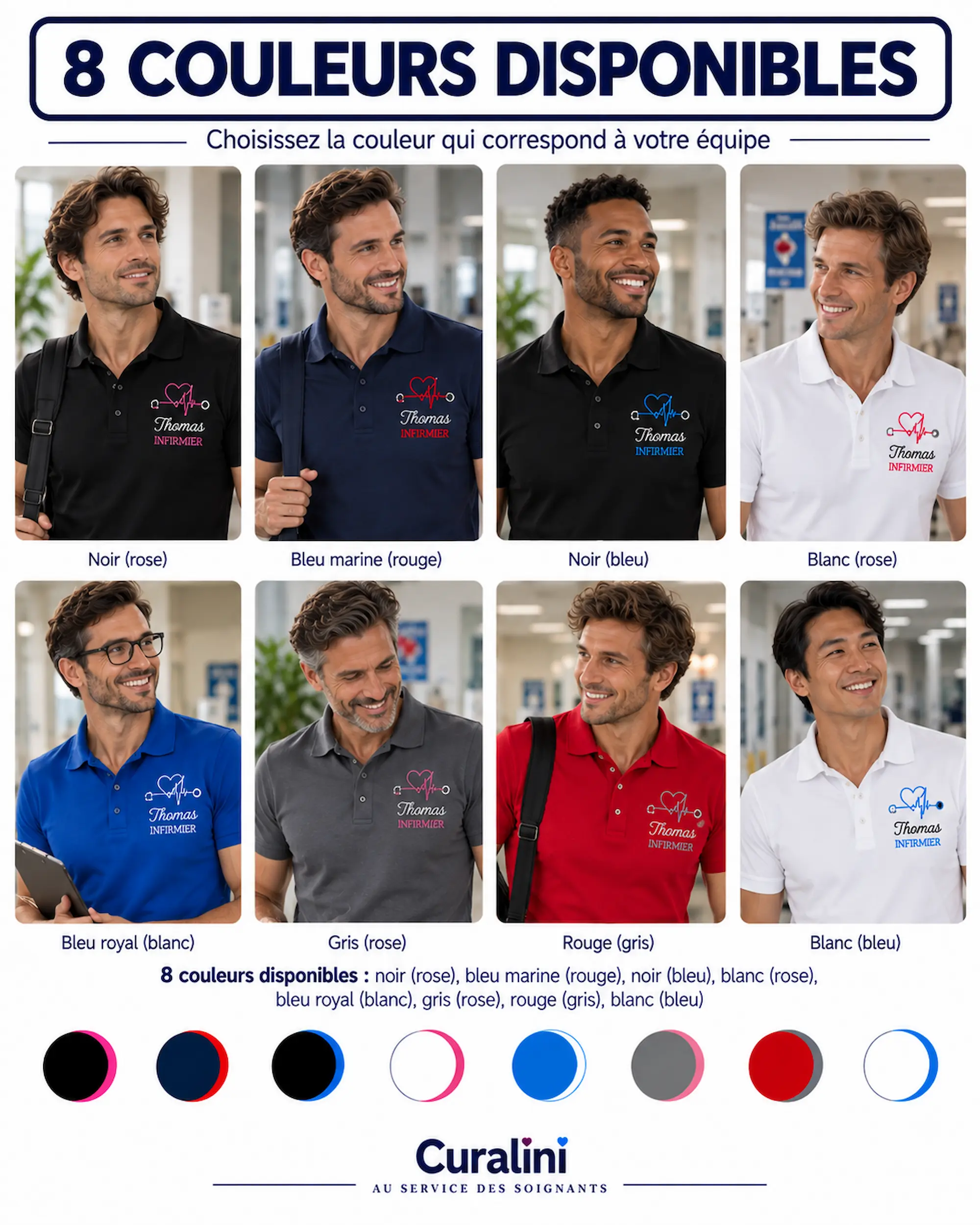 Coloris disponibles du polo infirmier homme personnalisé et brodé Curalini
