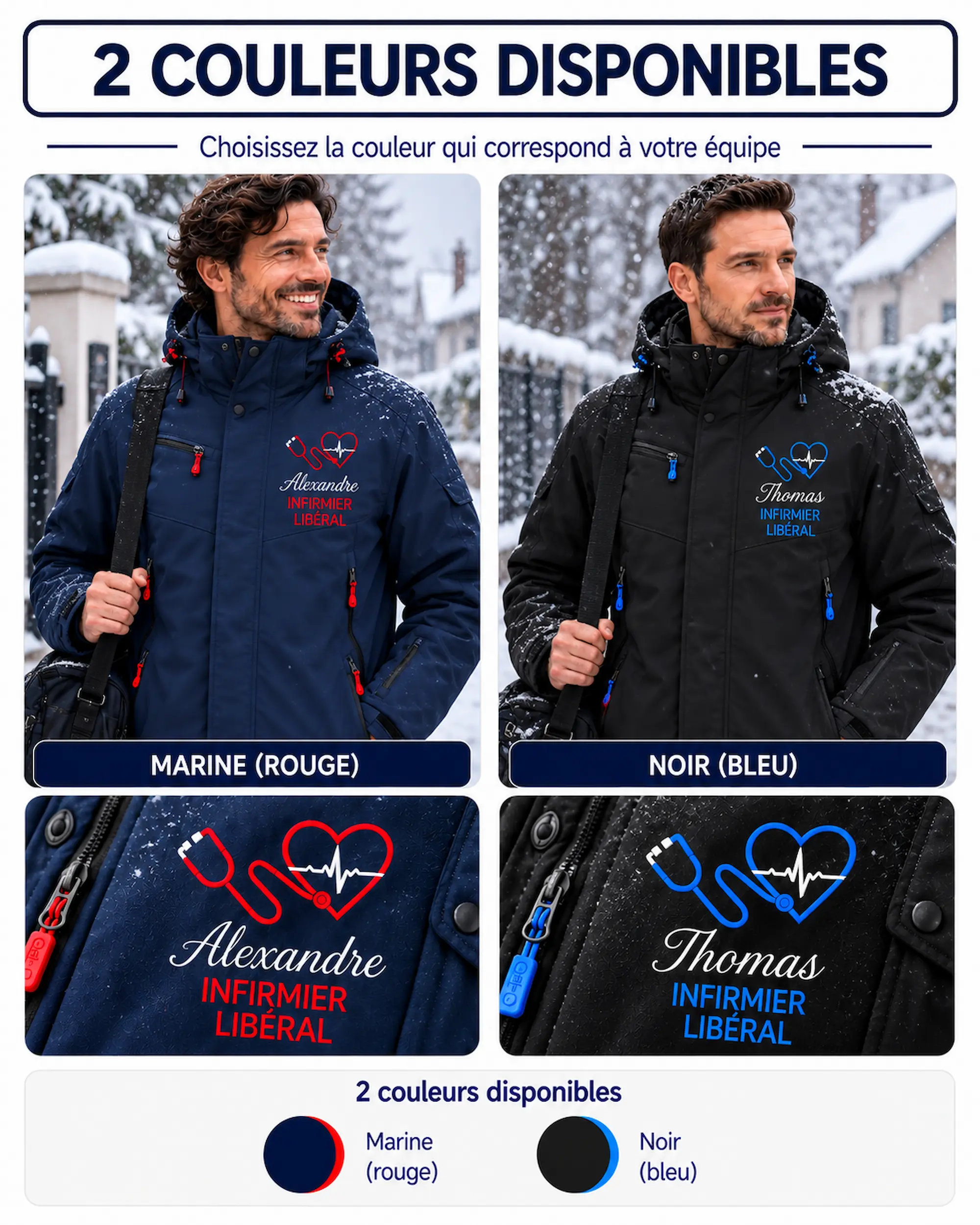 Veste infirmier hiver personnalisée marine et noire avec broderie