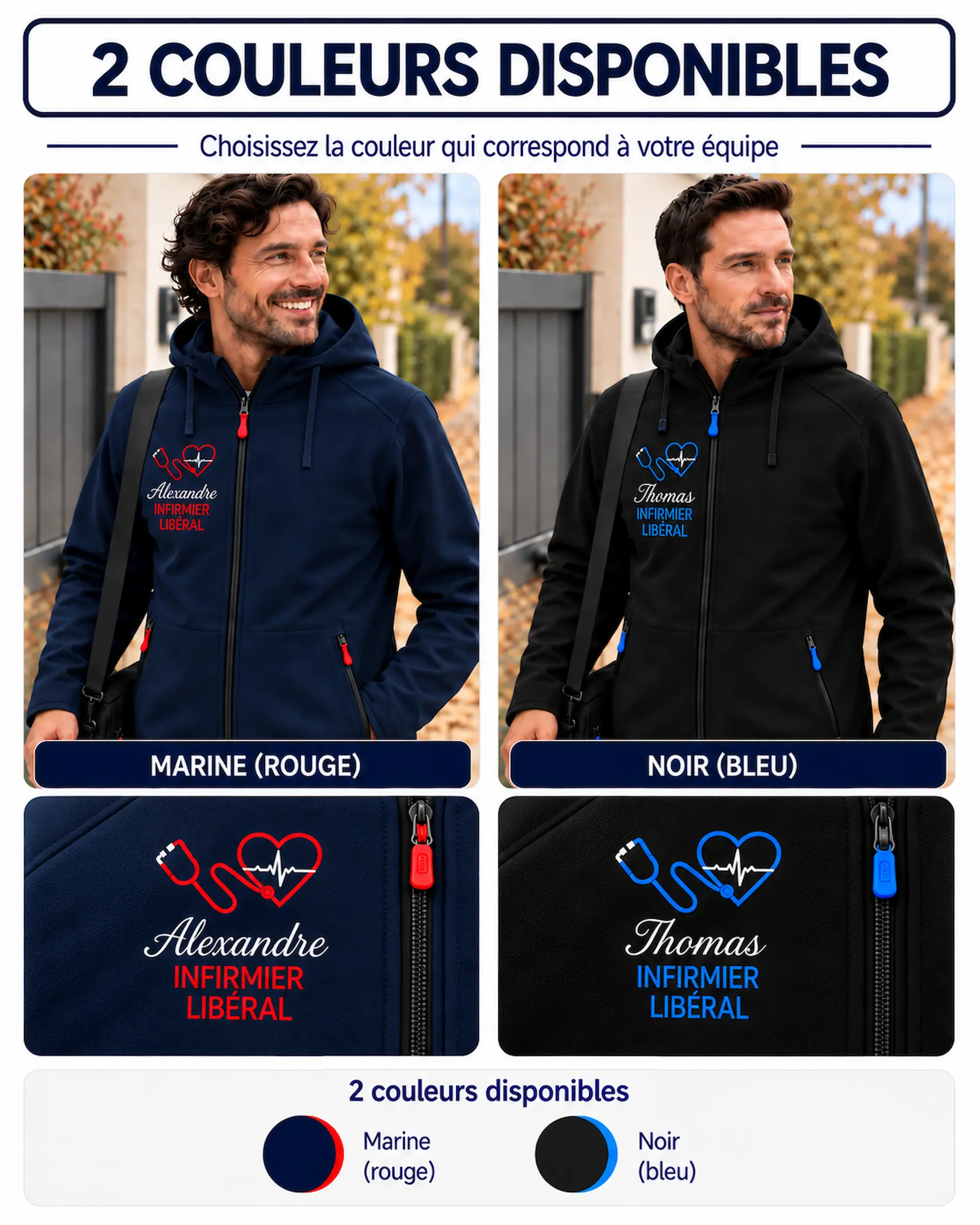 Veste infirmier homme personnalisée demi-saison en marine rouge et noir bleu