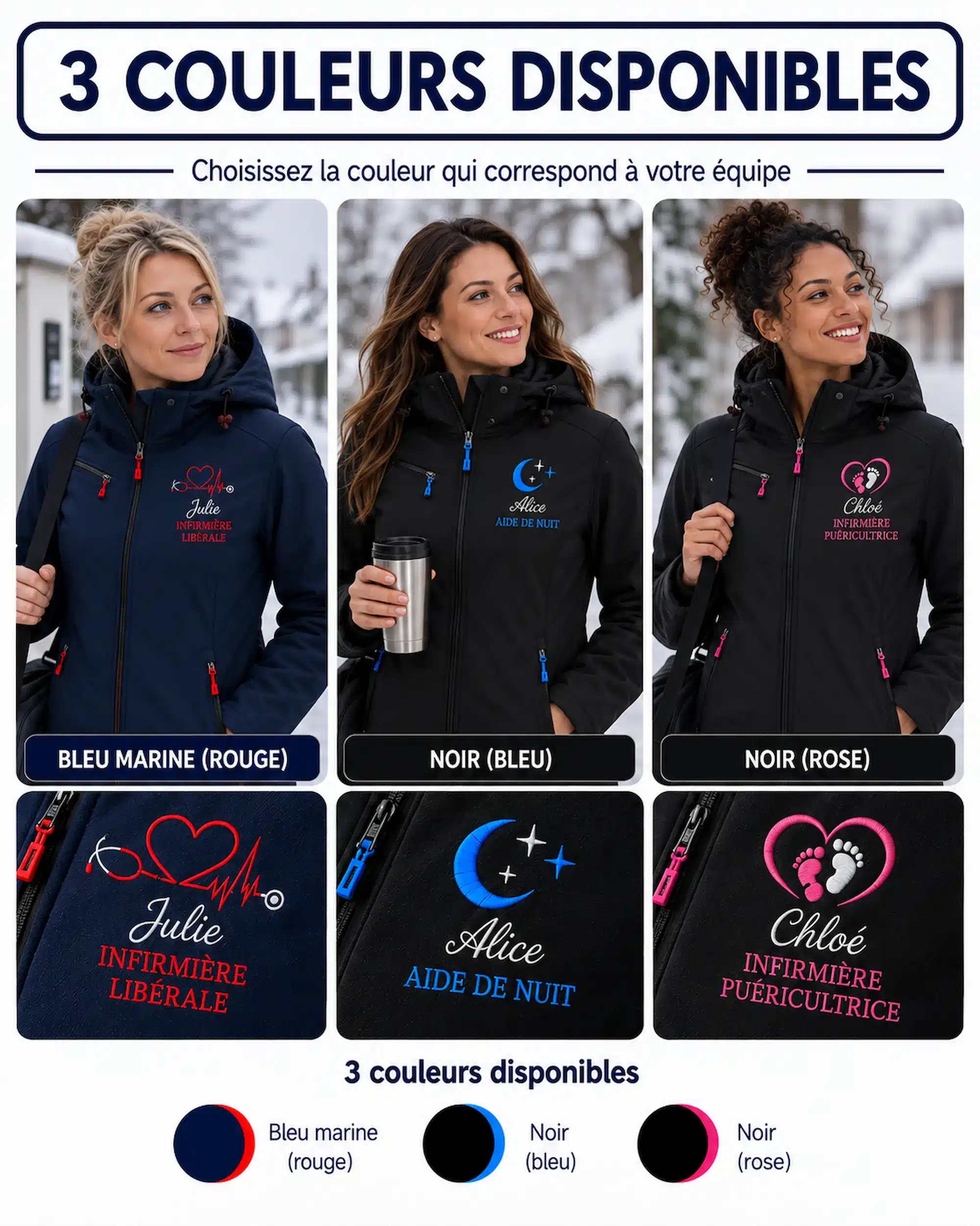 Veste infirmière hiver personnalisée en bleu marine, noir et trois couleurs de broderie