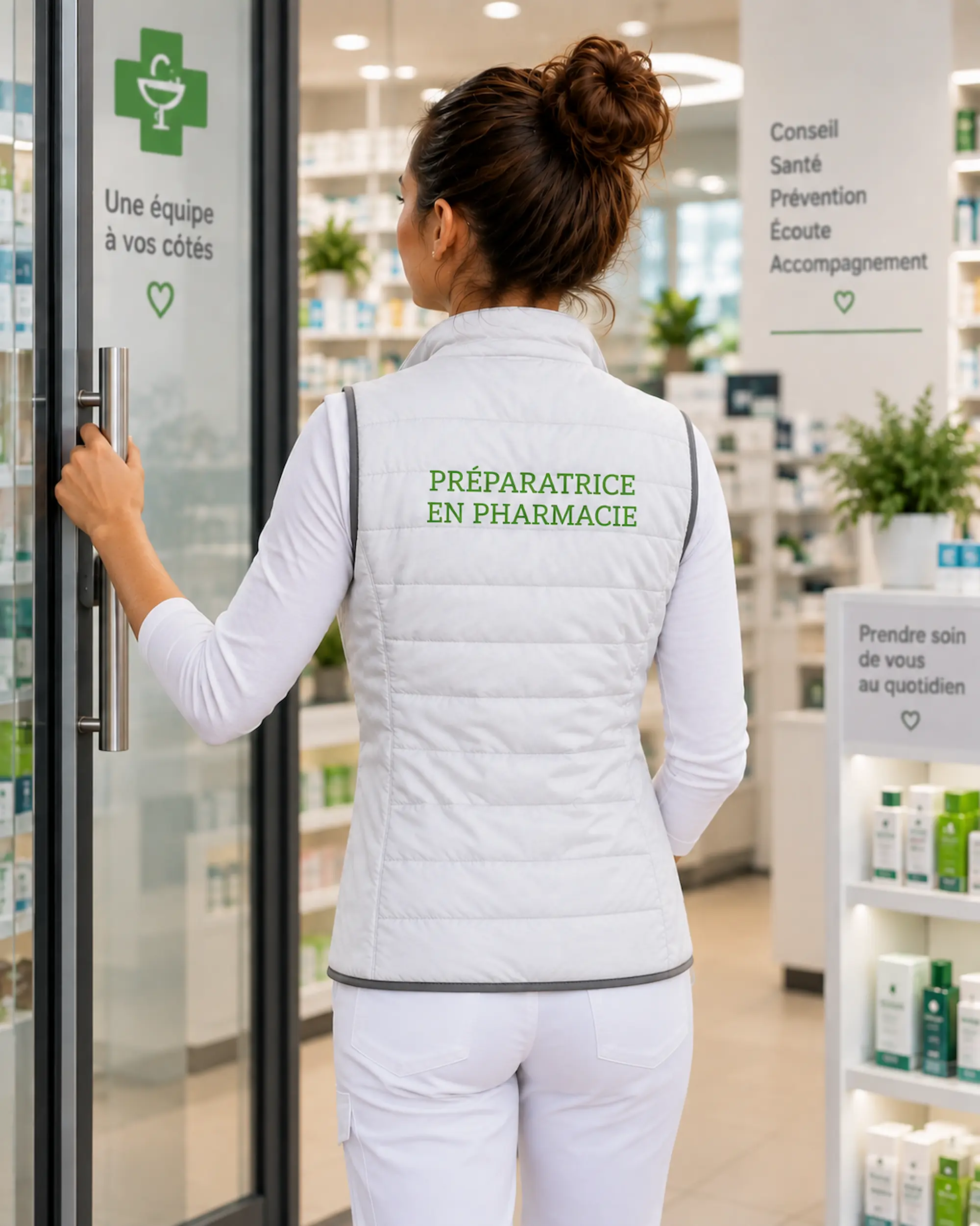 Doudoune femme personnalisée vue de dos avec inscription Préparatrice en pharmacie