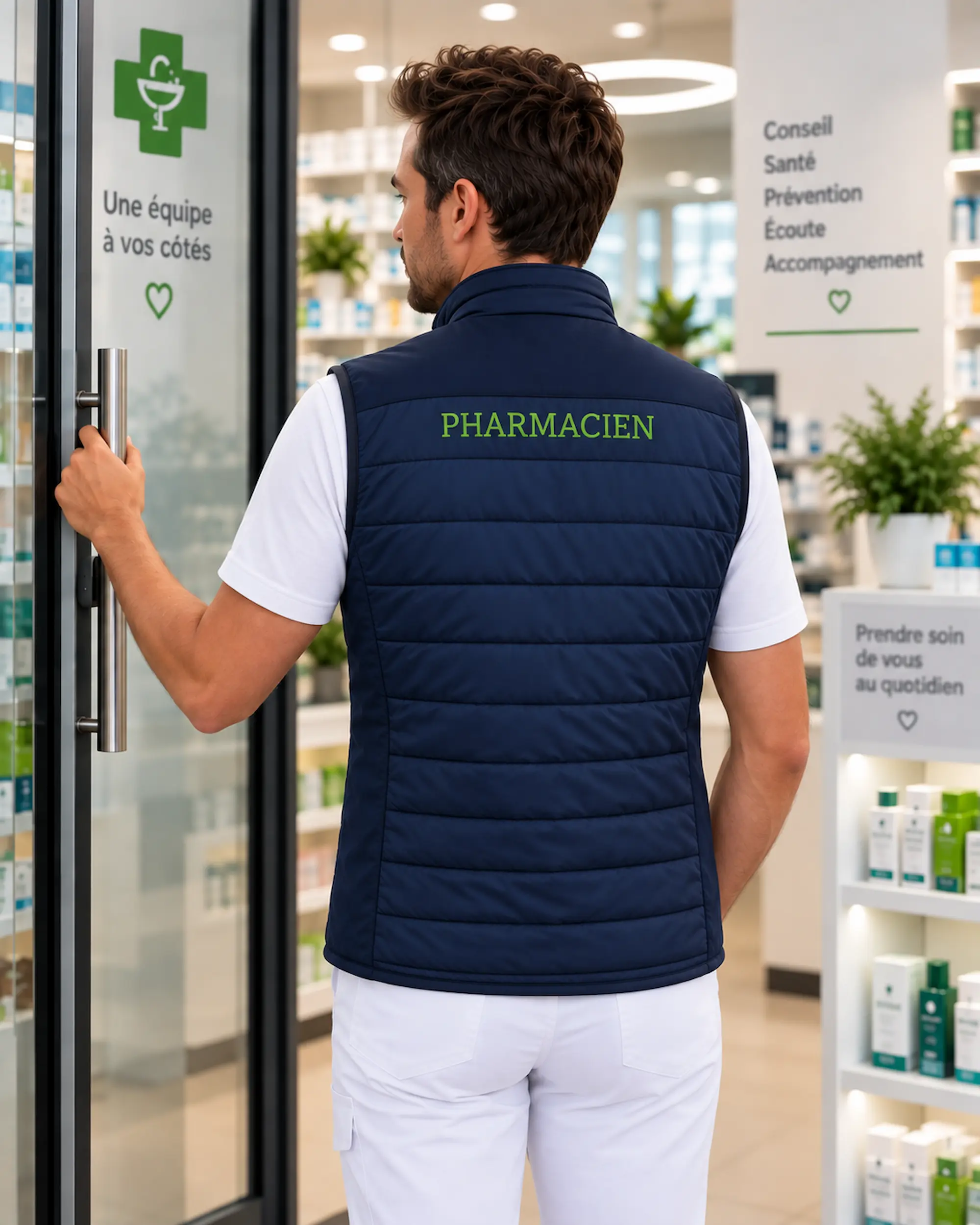 Doudoune homme personnalisée vue de dos avec inscription Pharmacien