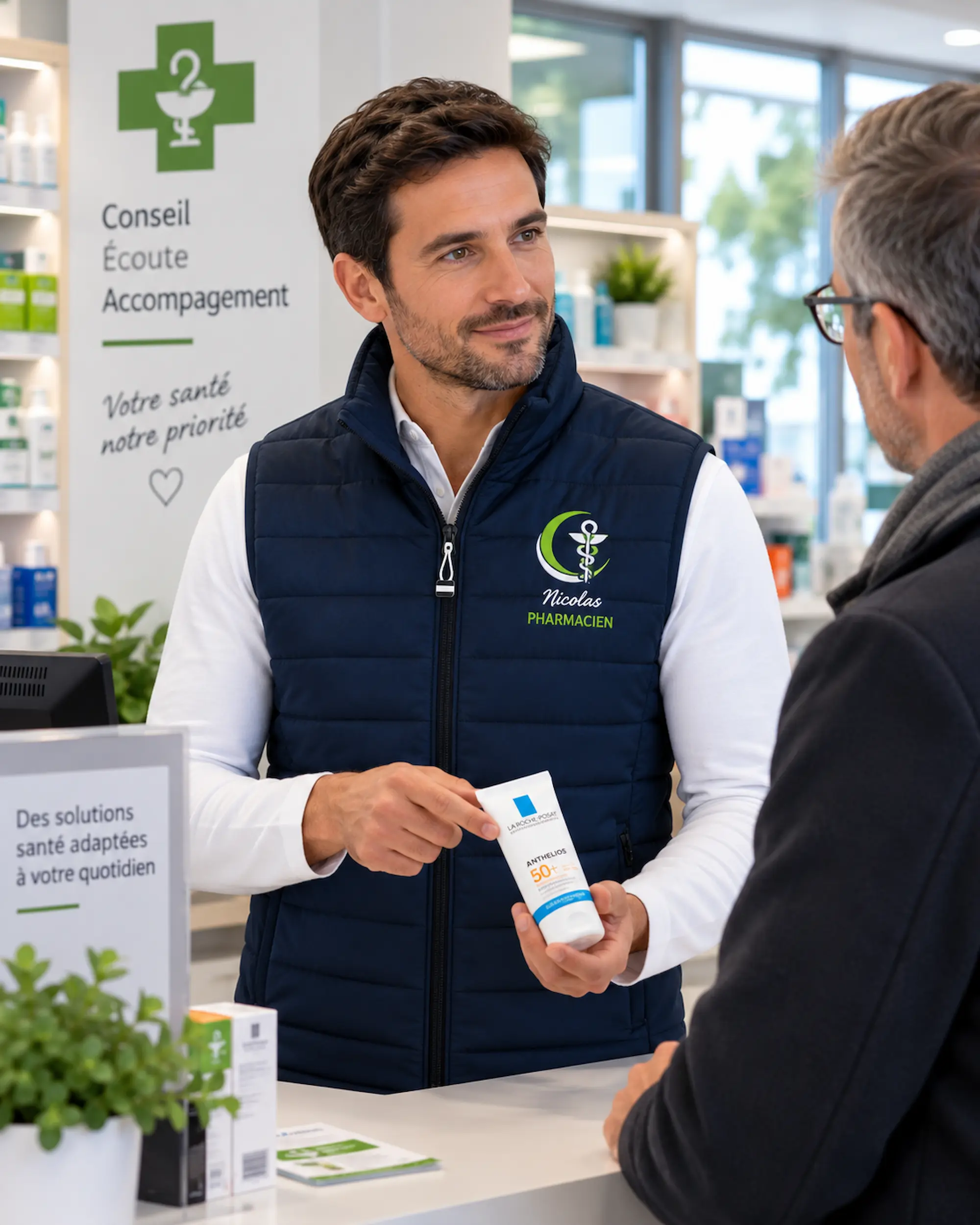 Pharmacien portant une doudoune homme personnalisée Curalini et conseillant un client en pharmacie
