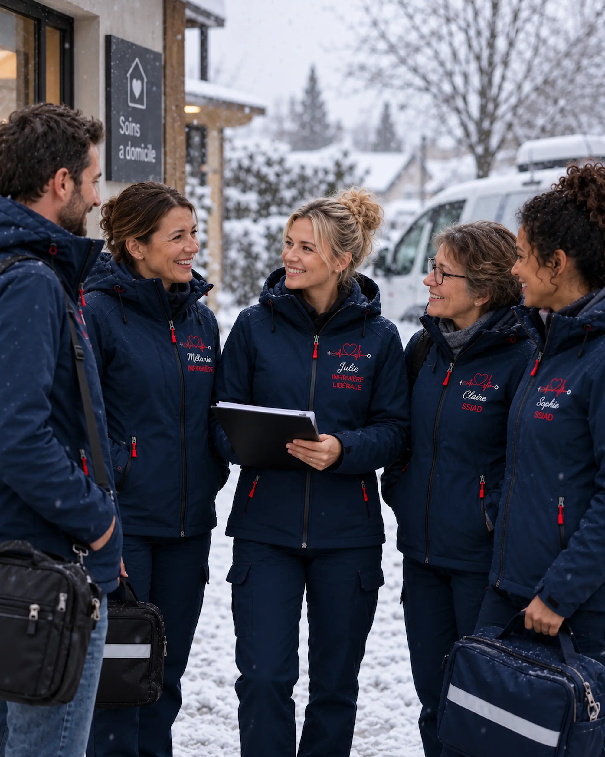 Équipe de soignants portant des vestes hiver personnalisées et brodées