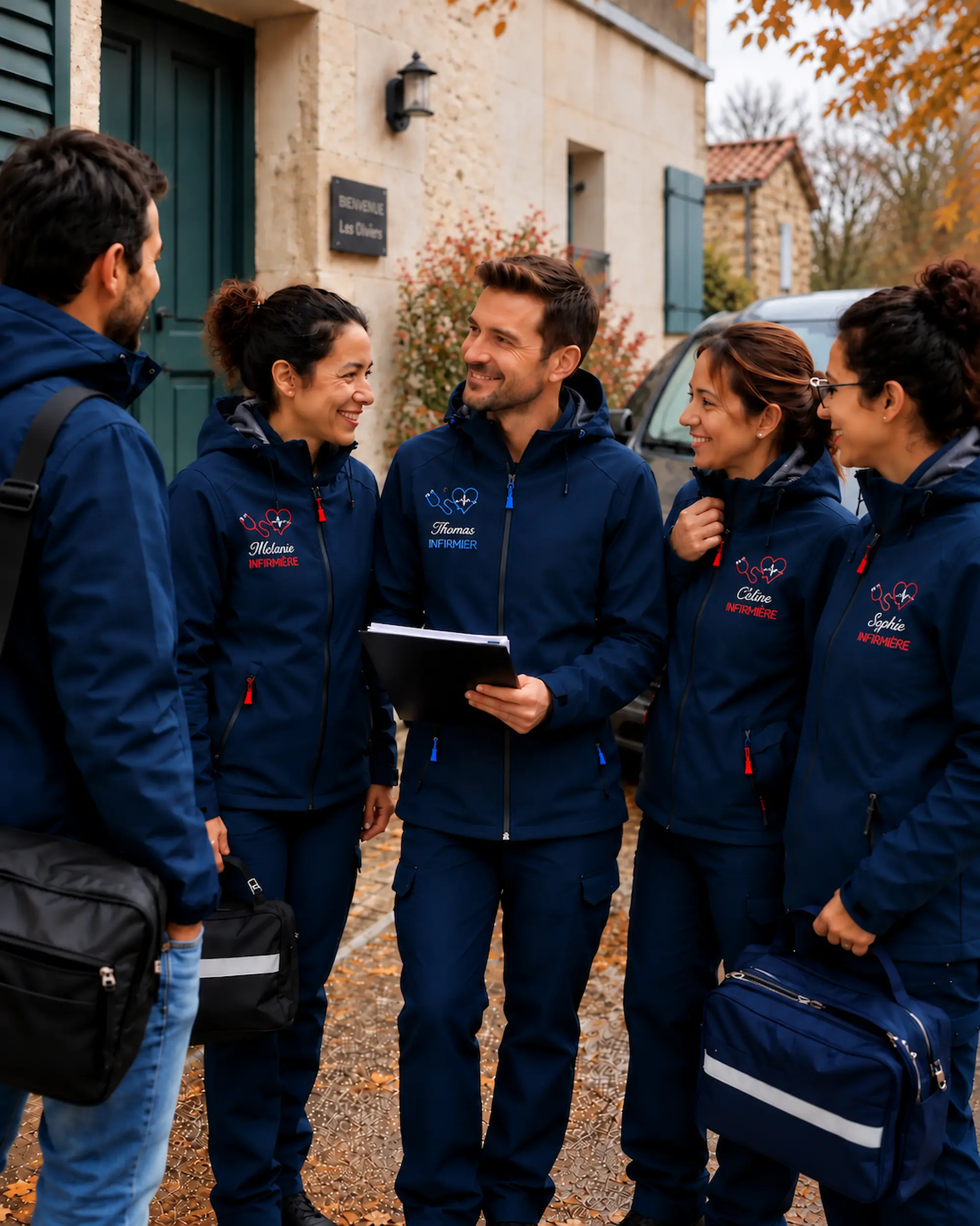 Équipe de soignants portant des vestes infirmier personnalisées demi-saison Curalini
