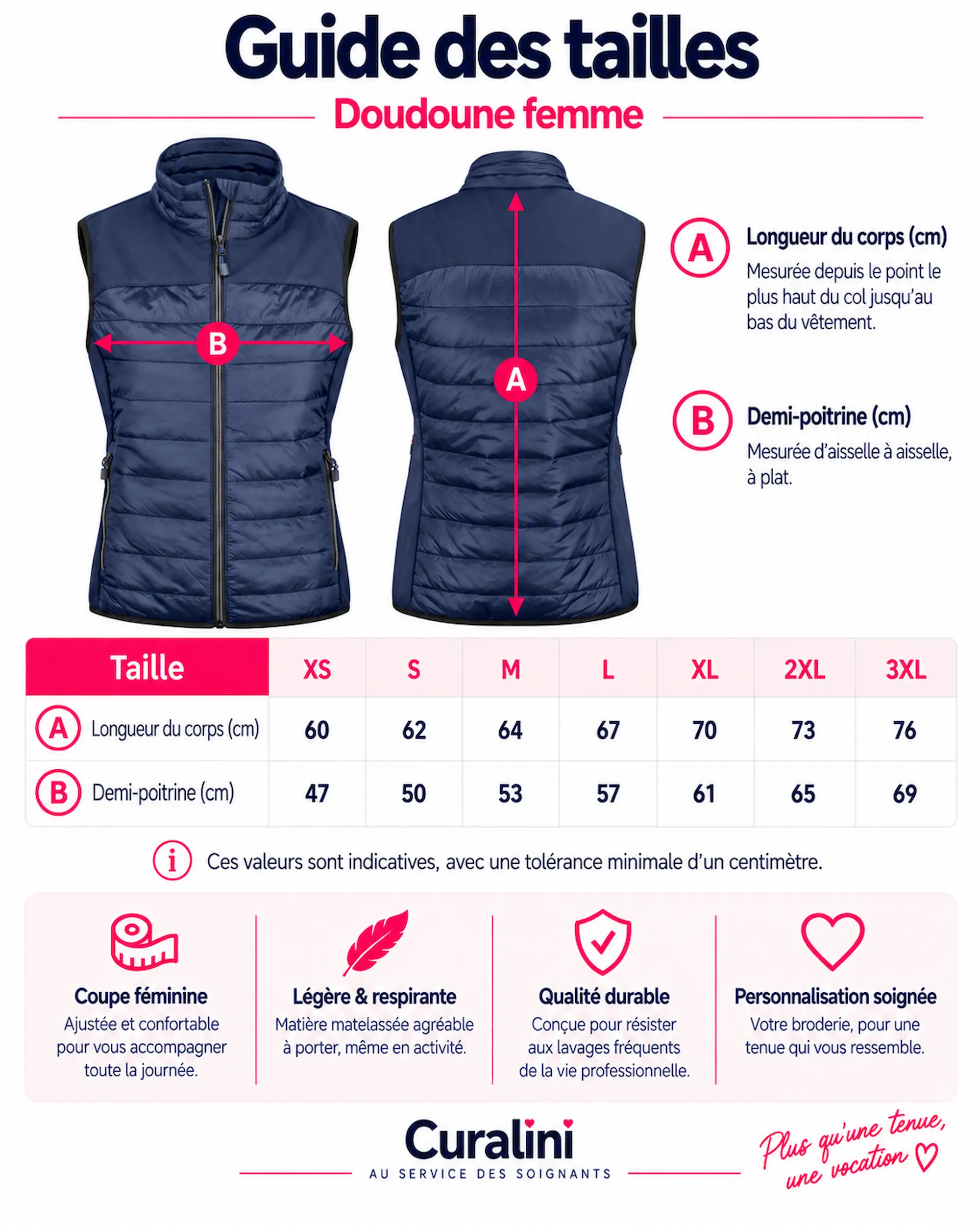 Guide des tailles de la doudoune sans manches femme personnalisée Curalini du XS au 3XL