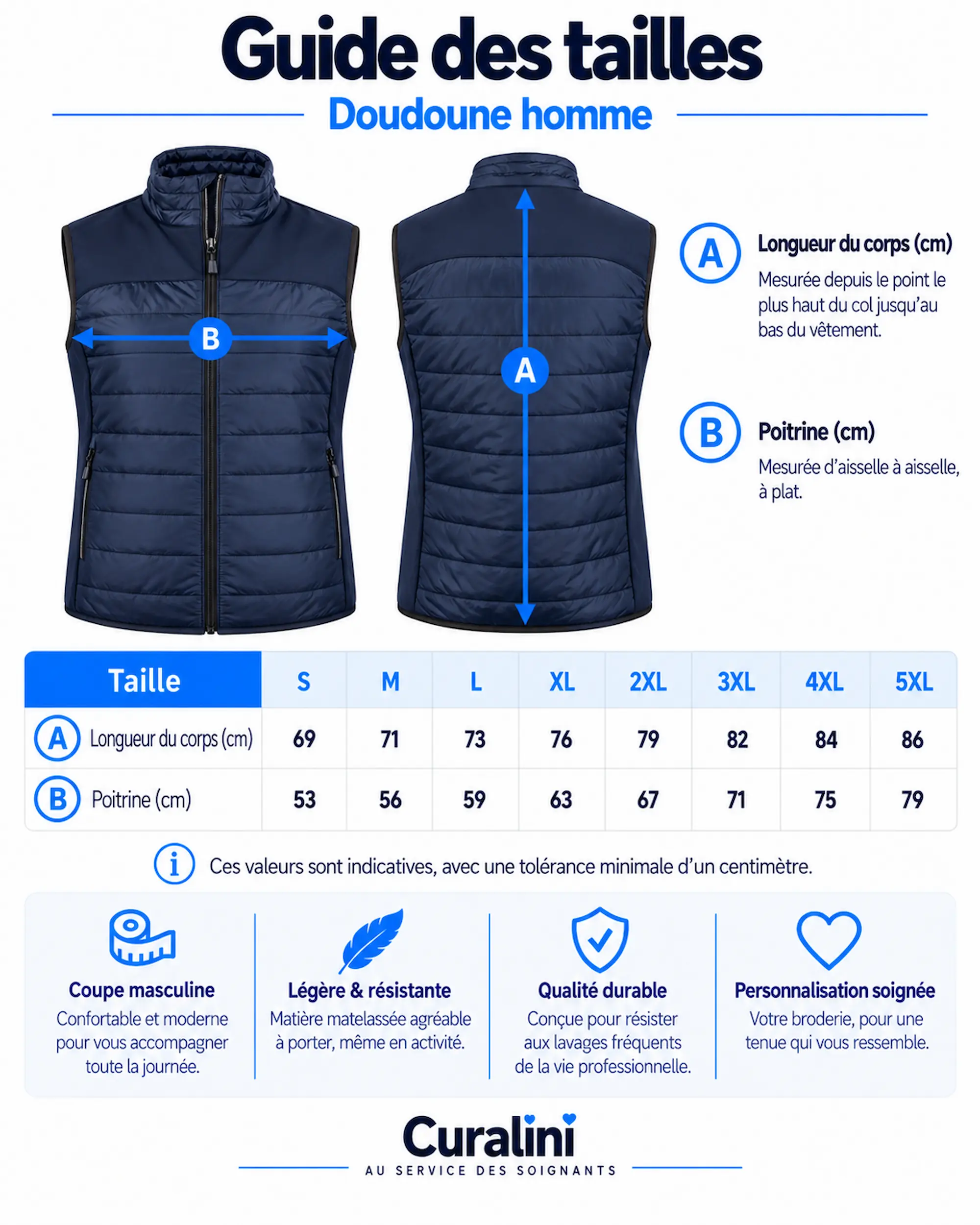 Guide des tailles de la doudoune sans manches homme personnalisée Curalini du S au 5XL
