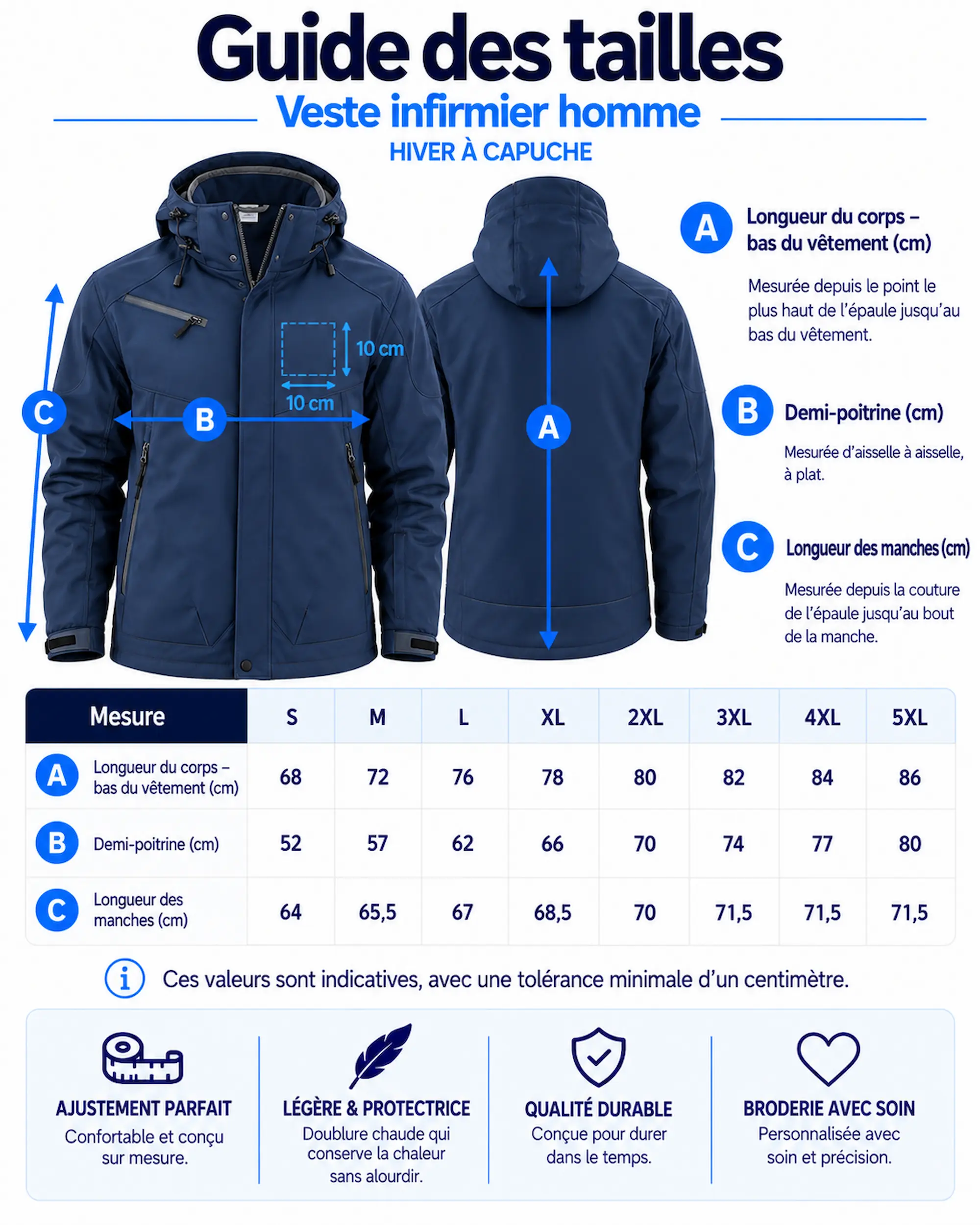 Guide des tailles de la veste infirmier homme hiver à capuche