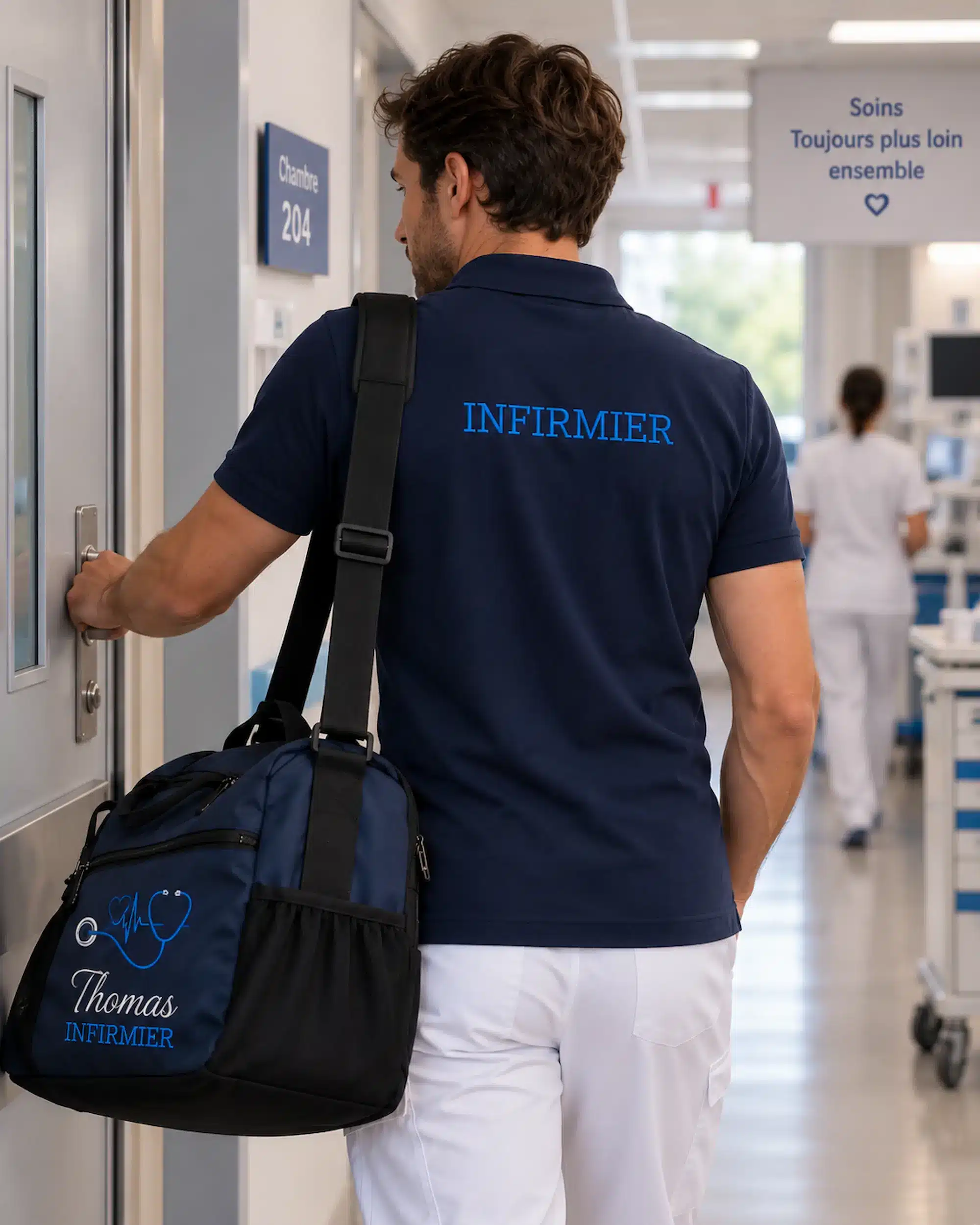 Infirmier en clinique portant un polo personnalisé Curalini avec broderie INFIRMIER dans le dos