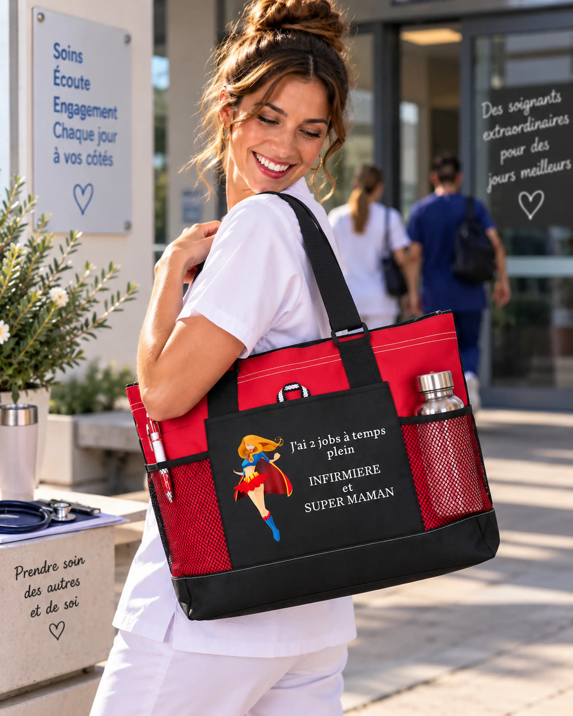 Infirmière avec son sac humoristique personnalisé Super Maman