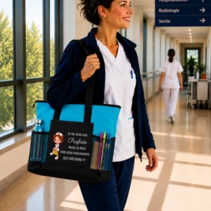 Sac personnalisé pour infirmière turquoise avec prénom Camille et motif médical blanc