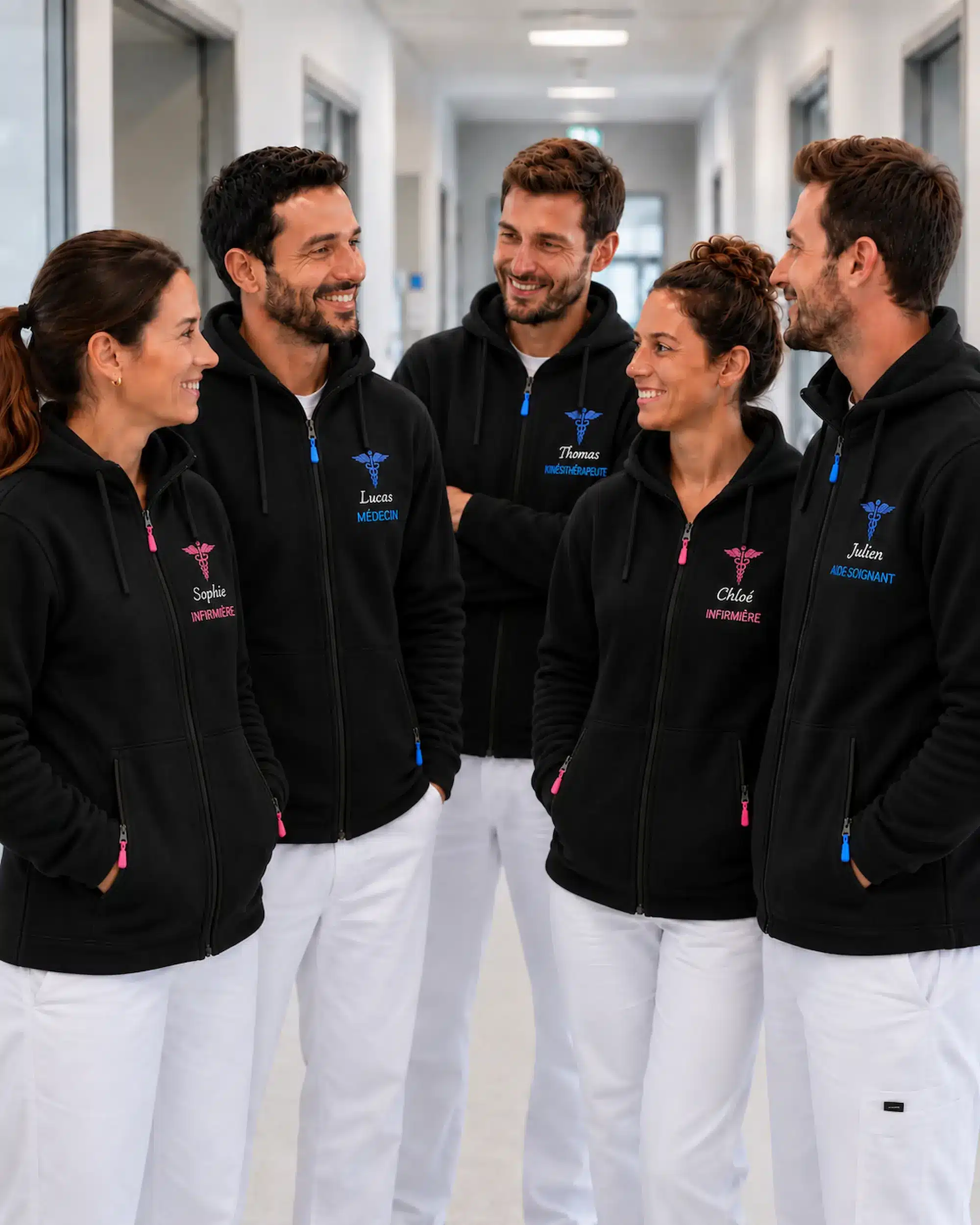 Équipe de soignants portant des sweats personnalisés noirs avec prénom, métier et caducée