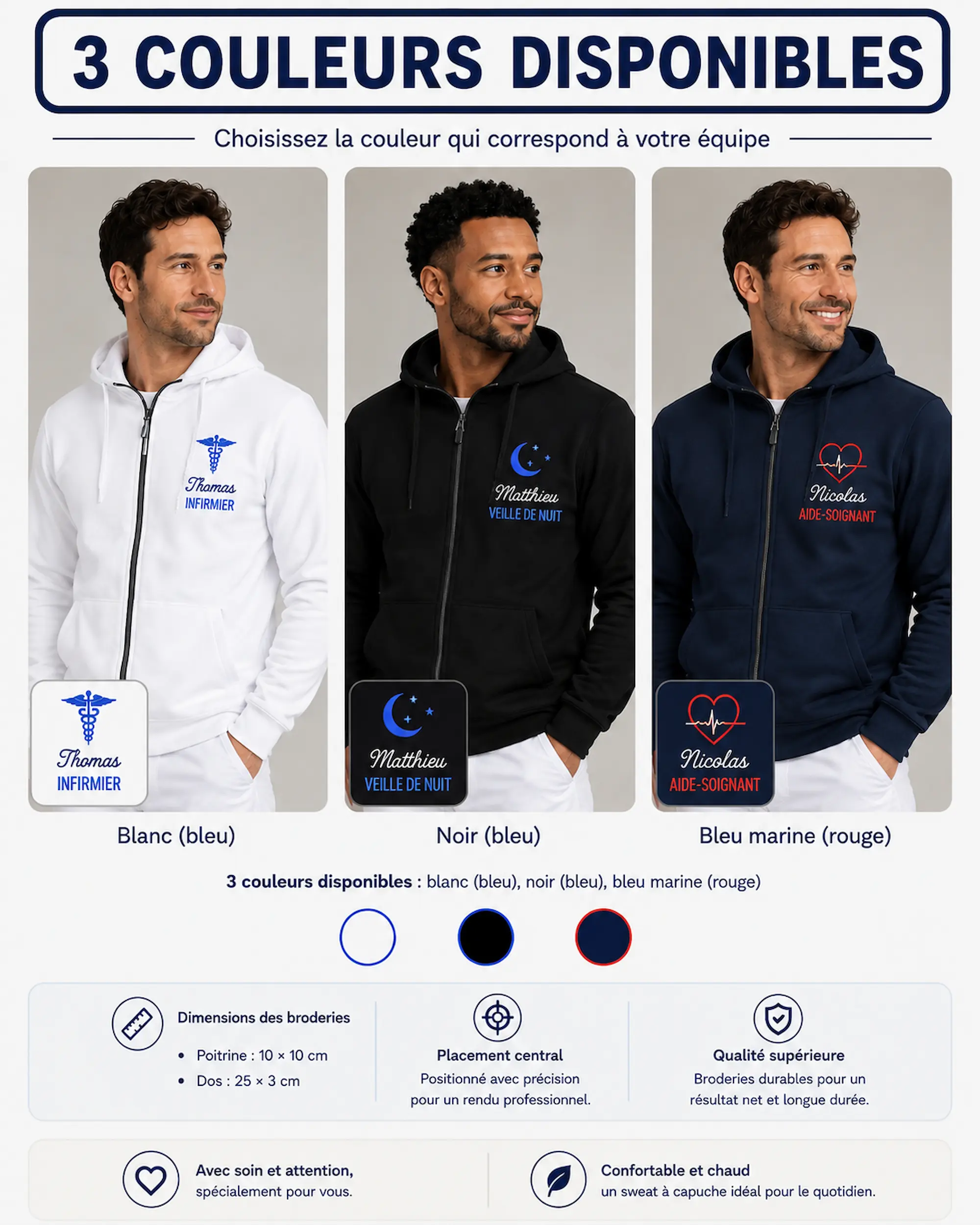 Sweat personnalisé homme disponible en blanc, noir et bleu marine avec broderie