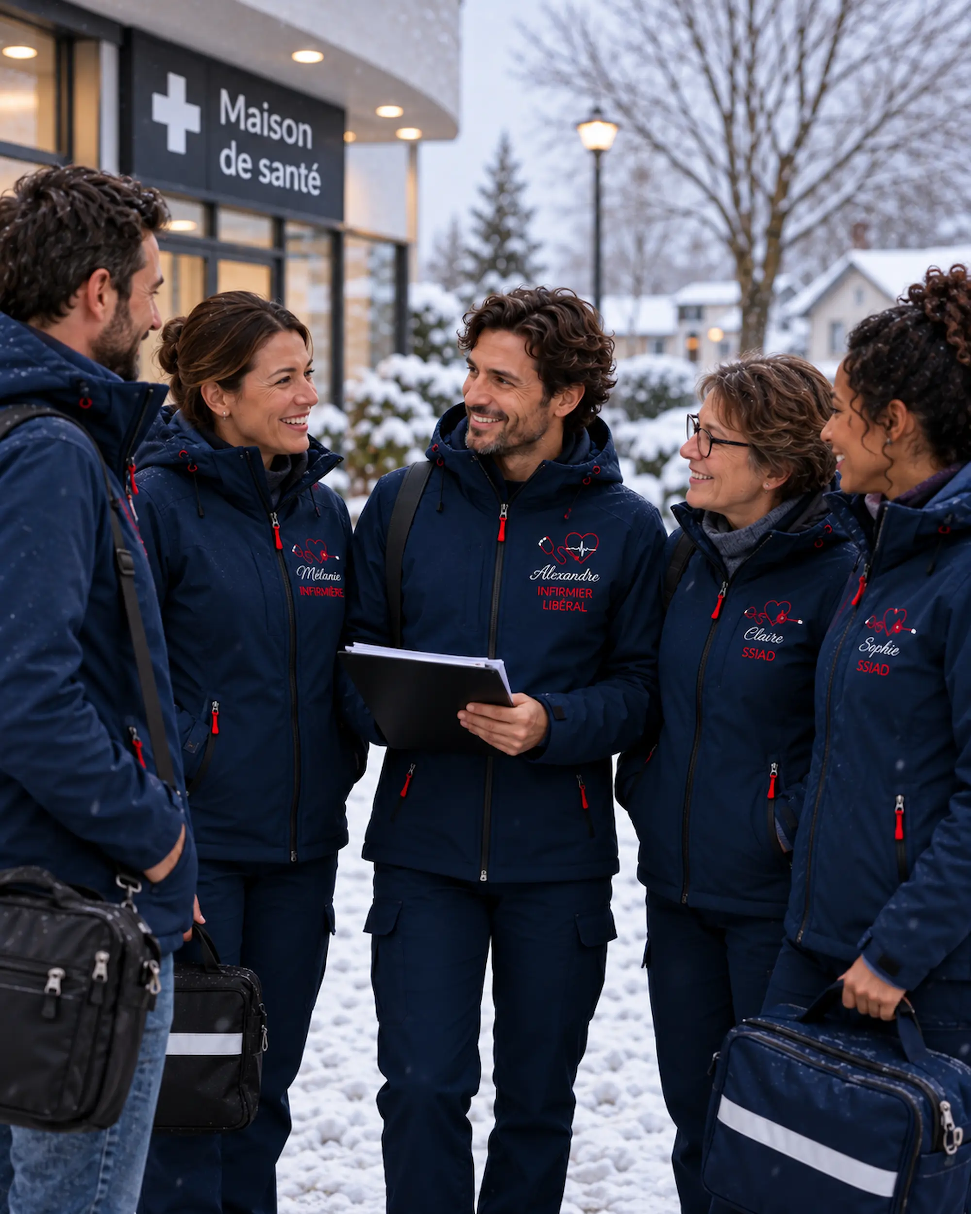Équipe de soignants en vestes hiver personnalisées devant une maison de santé
