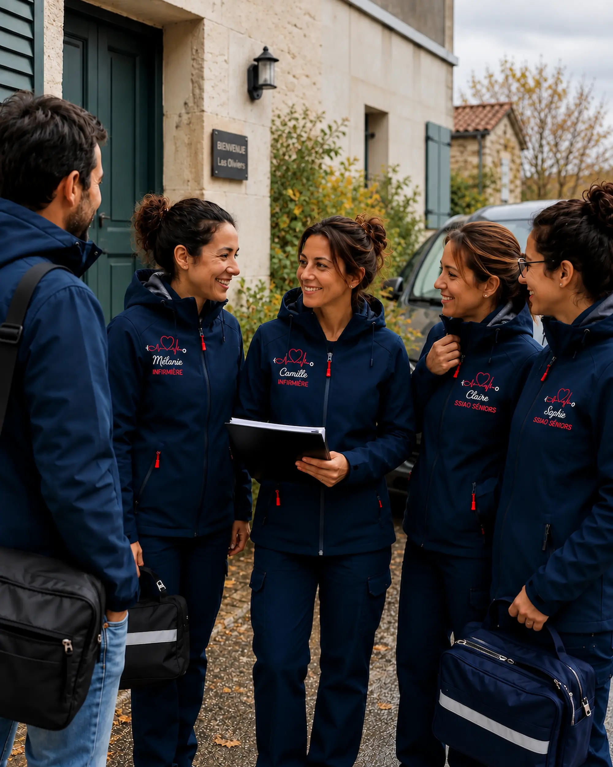 Équipe de soignants portant des vestes infirmières personnalisées brodées