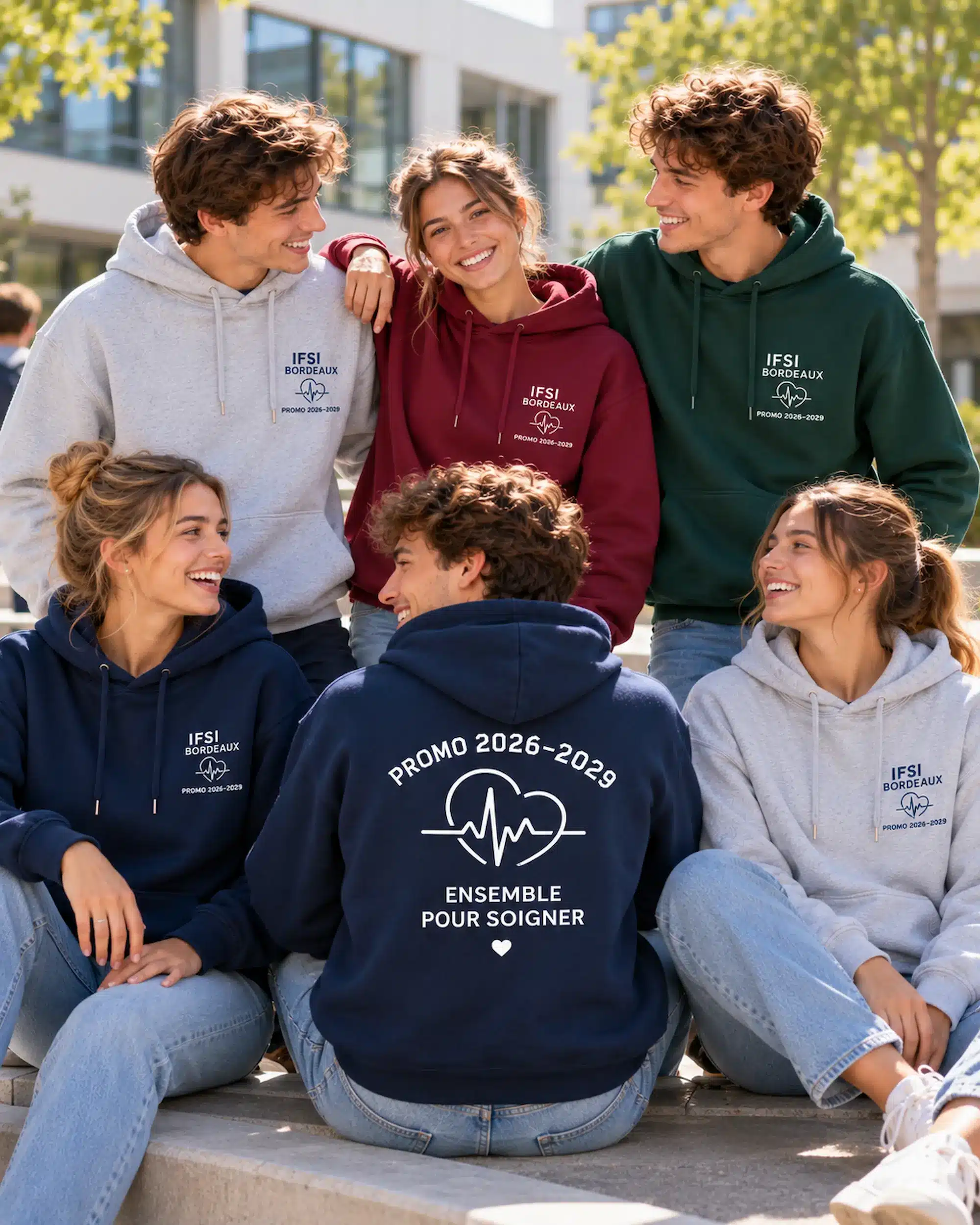 Groupe de six étudiants en IFSI portant des sweats de promotion personnalisés bleu marine, gris Oxford, bordeaux et vert forêt, avec impressions poitrine et dos.